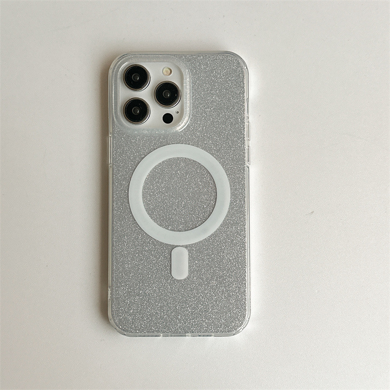 El brillo de hilo de plumas de plata magnético simple ins es adecuado para 14ProMax Apple 15 funda para teléfono móvil iPhone13/12 pareja