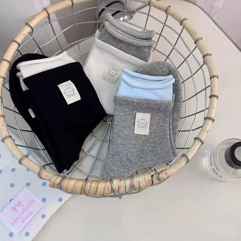 春夏新品袜子女双罗口蓝灰纽扣布标小熊可爱韩系ins潮袜棉中筒袜|undefined