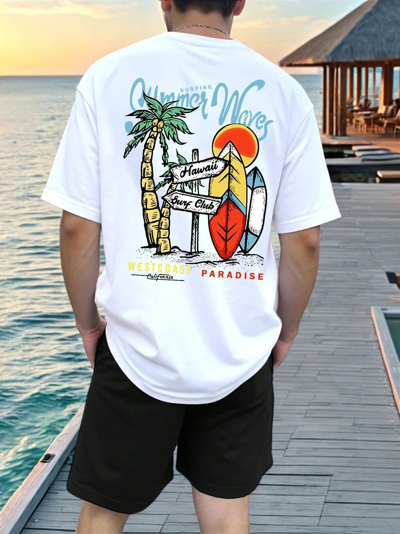 Men's Casual Style T-Shirt Short Sleeve Round Neck Street Style Printed Letter Breathable Summer Soft Set Los Angeles Theme_viptrois.com