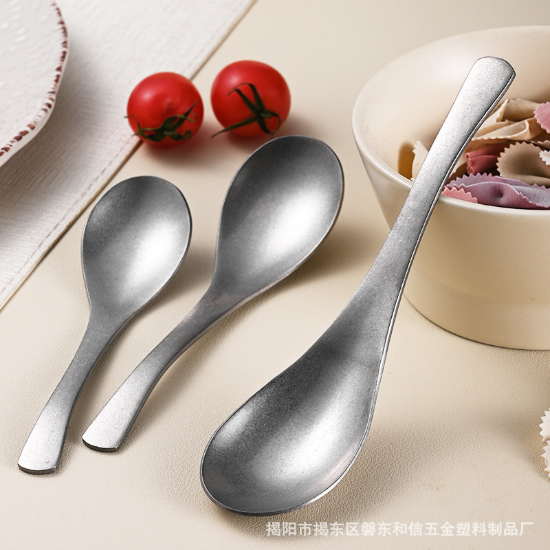 レトロ304ステンレススプーン韓国式スープスプーン食事スプーン砂光鍋食器|undefined