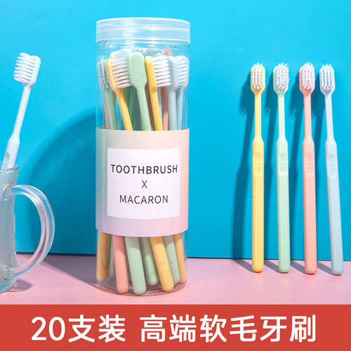 [20 Pack] Bucket Small Candy Color Toothbrush Adult Household Bucket Soft Bristle Toothbrush Macaron Color Toothbrush Wholesale