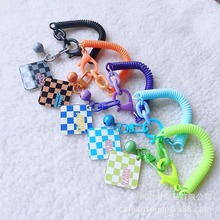 韩国方块格子风格彩色PU塑料防丢弹簧绳钥匙链电话线弹簧绳钥匙扣