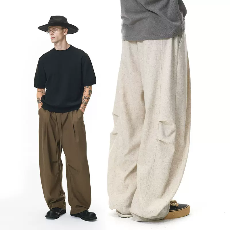 捷展男装|亚麻阔腿裤25秋季新品潮牌美式宽松纯色男士老钱休闲裤