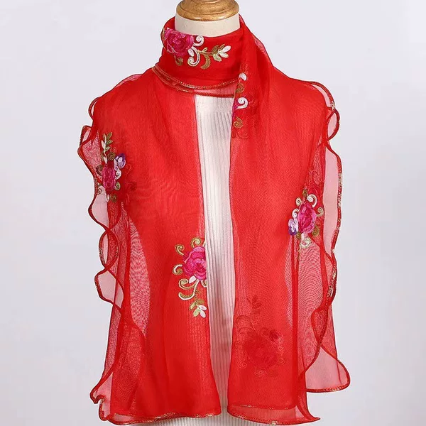 Women's long embroidered ethnic style scarf neck scarf women's autumn and winter New ruffled embroidered dance scarf