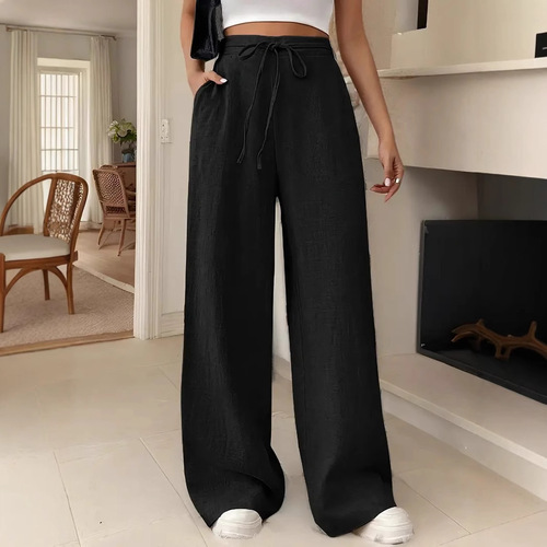 European and American women's clothing with uniform color and code. High-waist, slimming and draping casual lacing, wide-leg pants.