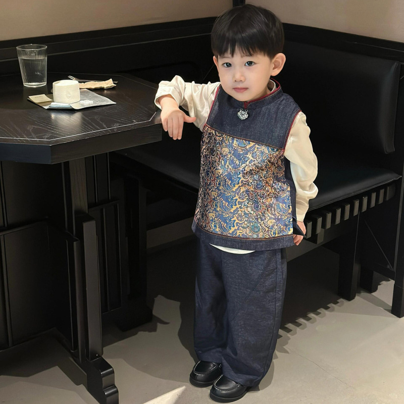 男童汉服套装2025新款洋气儿童新中式坎肩马甲宝宝周岁礼服唐装潮|undefined