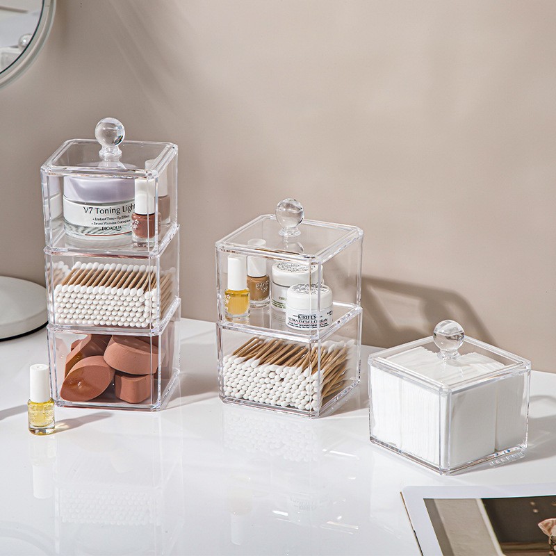 Caja organizadora acrílica para algodón cosmético, almacenamiento de escritorio