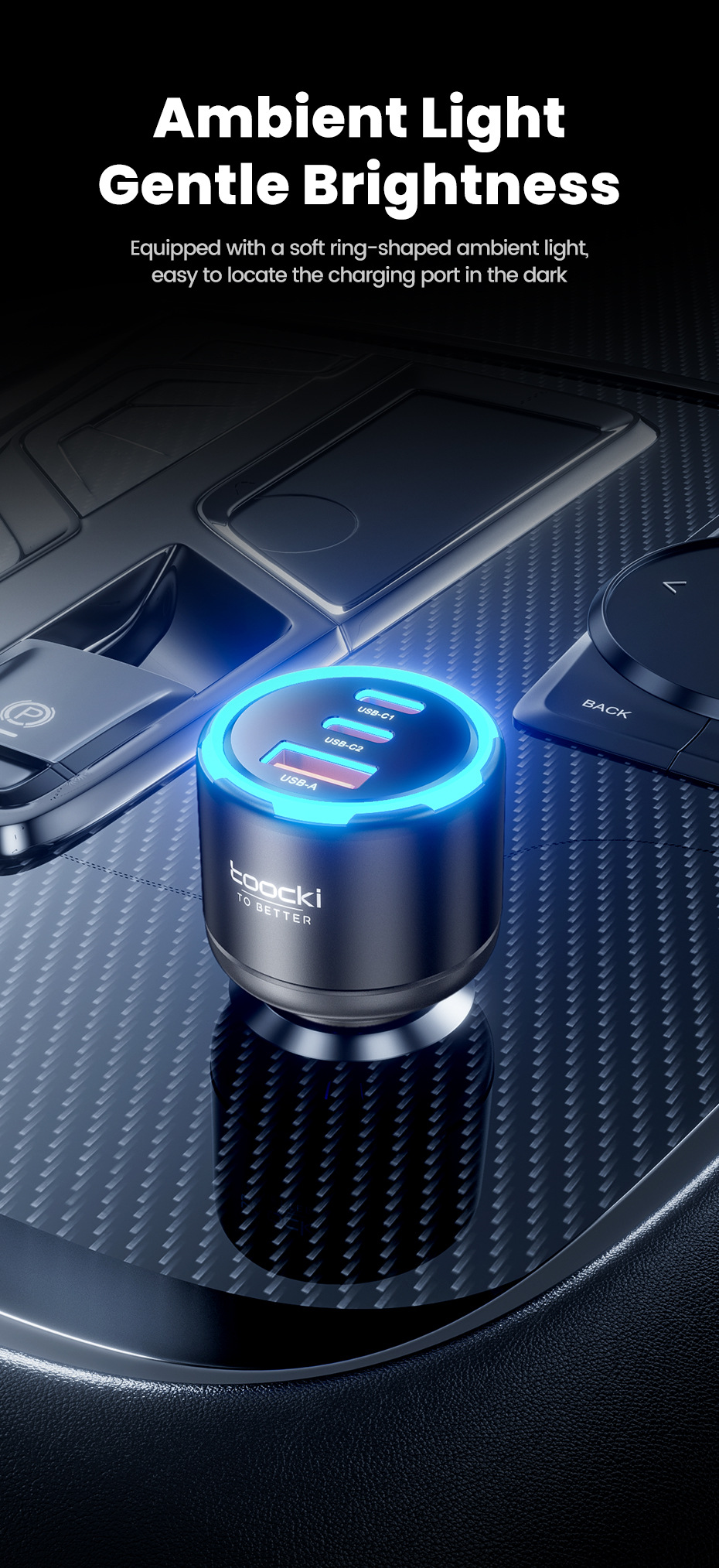 Toocki Cross-Border 90W Ambient Light Three-In-One Super Fast Charging Charger Car Cigarette Lighter Charging Head