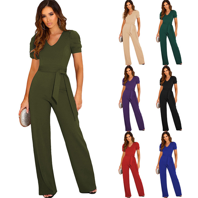 2025 Summer New Style Elegant Tie-Waist Jumpsuit Amazon Women's Solid Color V-Neck Short Sleeve Wide-Leg Pants