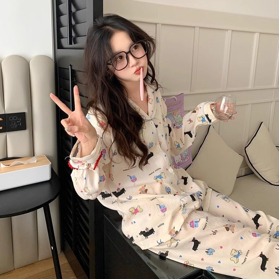 Dolce niña encantadora caricatura perro impresión pijama mujer primavera y otoño nuevo suelto pantalones largos de mangas largas set de ropa para el hogar