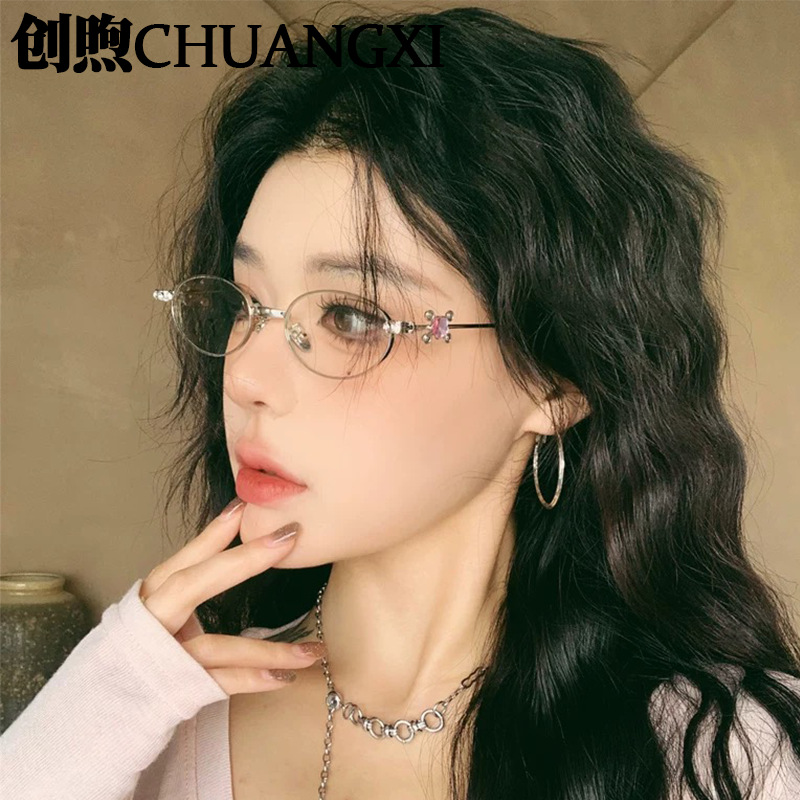 新款Jennie奢华镶钻GM太阳镜 椭圆金属小框纯欲墨镜Y2K防蓝光眼镜