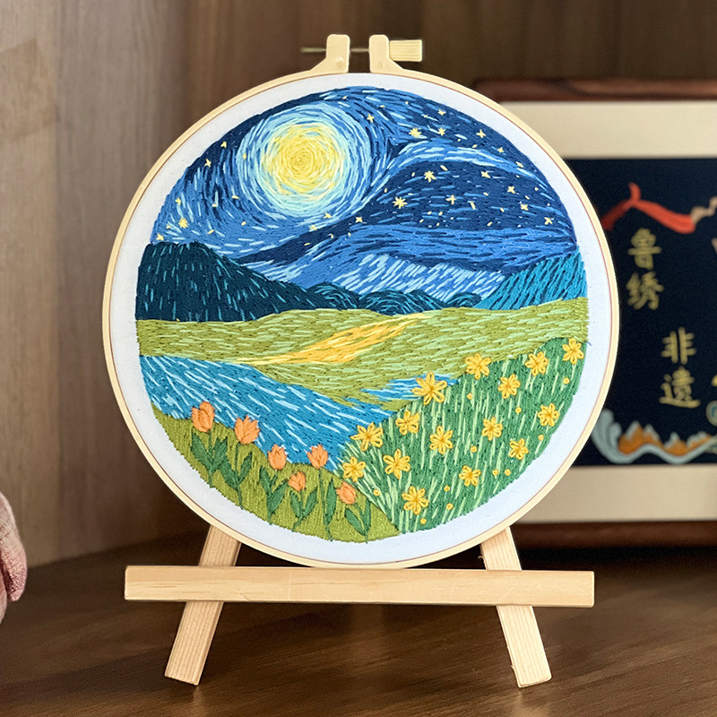 Lu bordado montaña de la luna pintura colgante hecha a mano DIY material bordado paquete de pintura colgante de paisaje forestal conjunto inglés de cuatro piezas