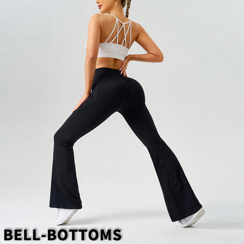 Cross-border high-waisted tummy control wide-leg yoga pants for women, with pockets, slightly tapered, casual running, sports, fitness, slightly tapered trumpet pants