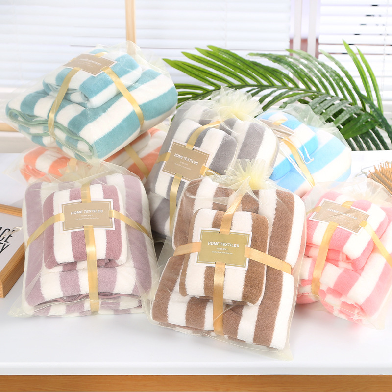 Coral velvet edge wide strip turban towel bath towel set reversible mother and daughter towels high density water-absorbent thickened logo gift