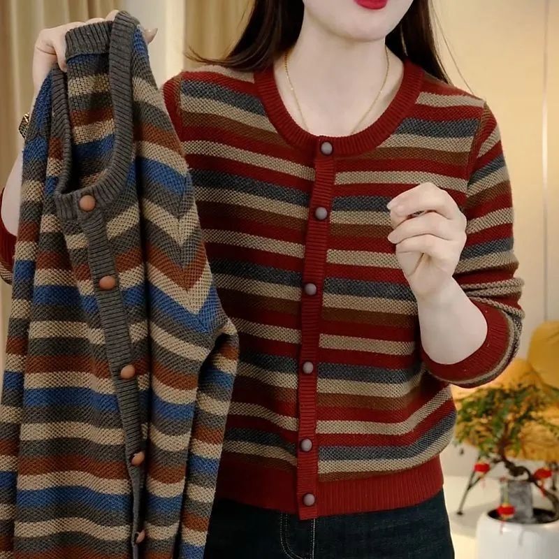 Striped Knit Sweater Autumn Long Sleeve Fashion Women Stylish Versatile Loose Slimming Cover-Up Retro Style New Top Trendy