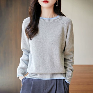 女装秋冬季新款圆领拼色纯棉毛衣针织衫韩系宽松显瘦打底衫女潮