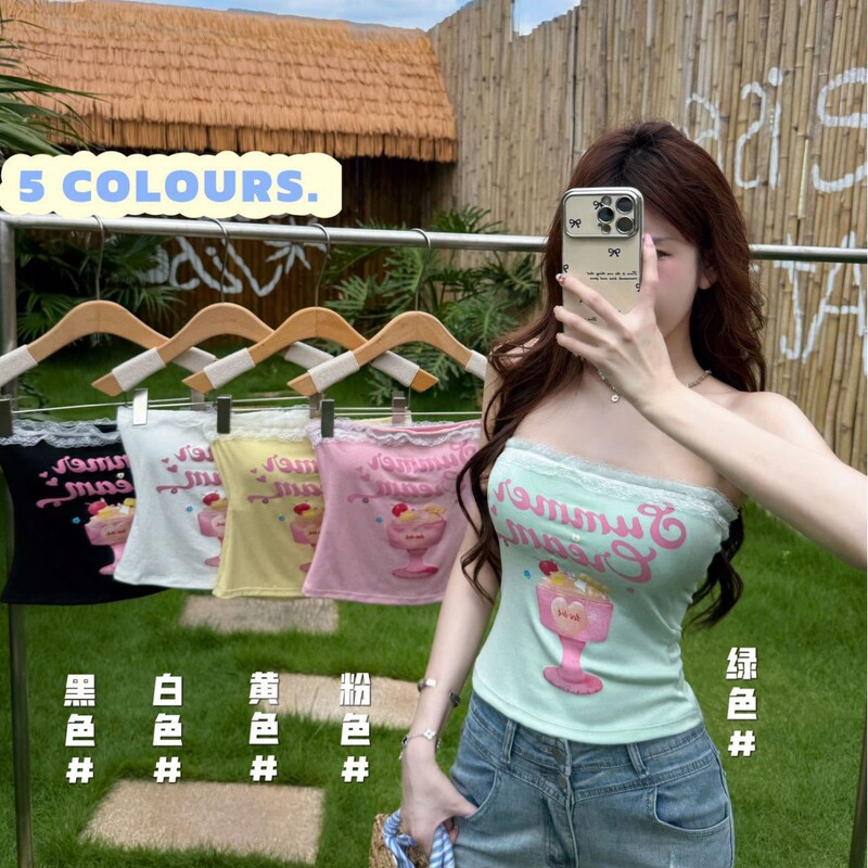 666 # Sweet and Fashionable Versatile One-Shoulder Tube Top with Cartoon Print and Built-In Chest Pads 666 # Sweet and Fashionable Versatile One-Shoulder Tube Top with Cartoon Print and Built-In Chest Pads