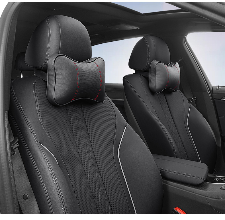 Car Headrest Neck Pillow Pair, Car Seat Pillow, In-Car Cervical Support, Genuine Leather Memory Foam Lumbar Support