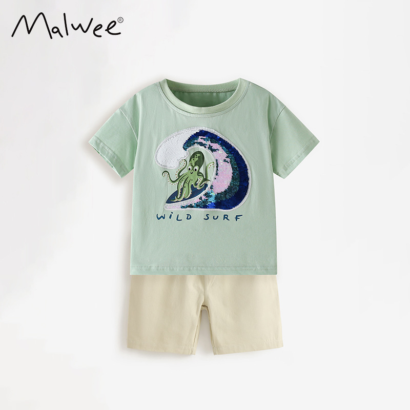 Malwee transfronterizo juego de niños de verano nuevo guapo cuello redondo camiseta europea y americana para niños de mediana edad ocio dos piezas juego
