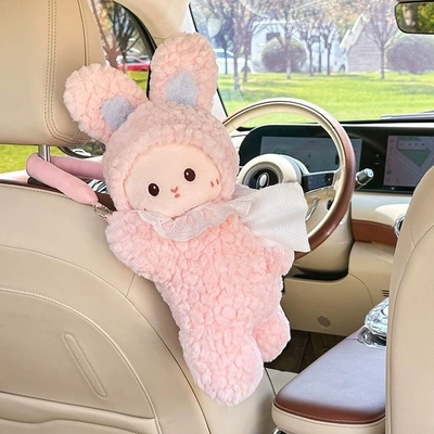 Car tissue box/set: Tissue Box Car Armrest Box - hanging-tissue-box-bean-fleece-lying-bunny-pink