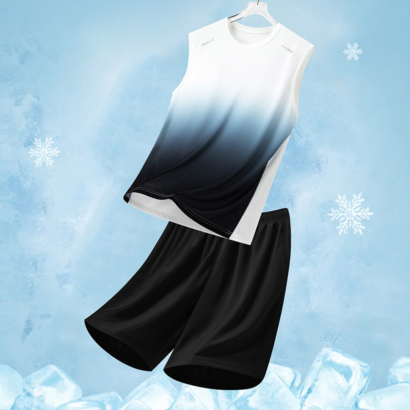 Traje deportivo para hombres, traje casual para hombres de verano, pantalones cortos de chaleco de secado rápido transpirables de dos piezas sueltos con gradiente impreso para hombres