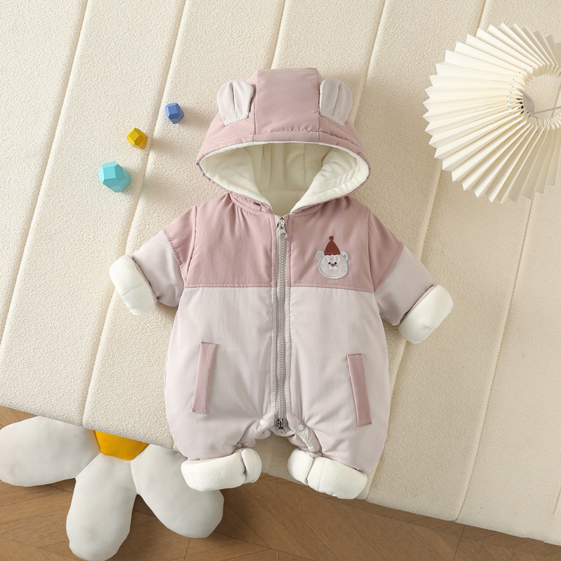 Nuevo bebé bebé de una pieza más chaqueta de terciopelo más algodón traje de salida para hombres y mujeres bebé invierno grueso con capucha traje