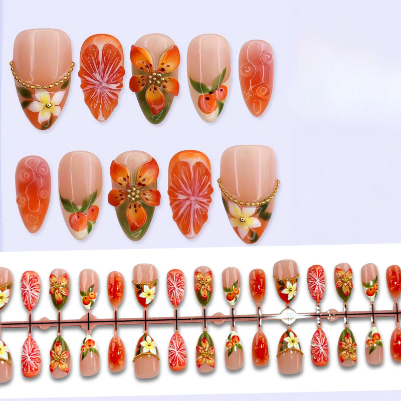 Island vacation style summer orange hot girl press-on nails 3D cross-border European and American nail art patches