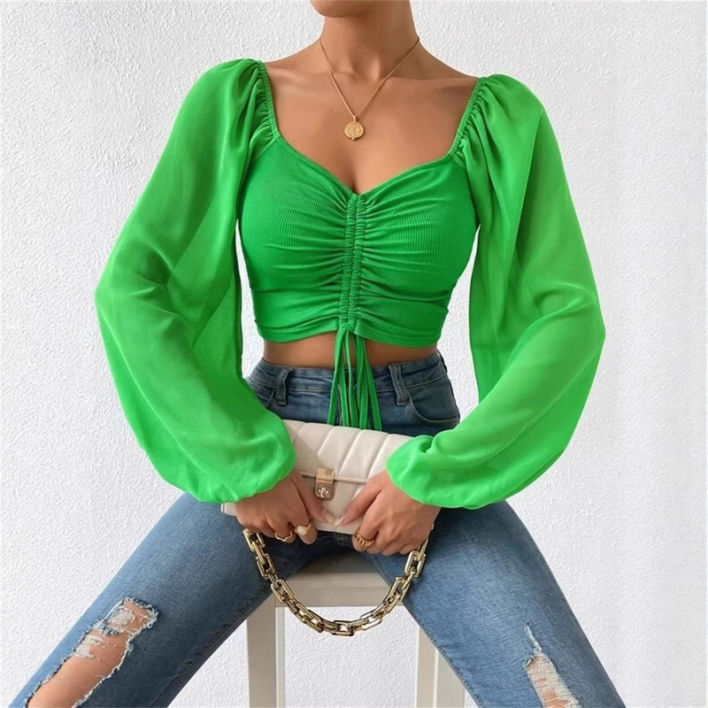 2026 European and American Summer New Fashion Sexy V-Neck Chiffon Drawstring Lantern Sleeve Fitted Shirt Top