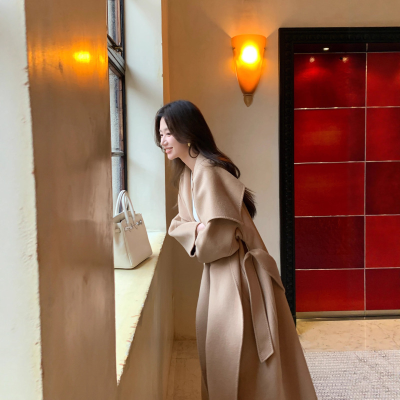 "Lazy Sister" Camel-Colored Sheep Wool Double-Sided Woolen Coat for Women with Large Lapel, Cashmere Woolen Coat with a High-End Feel, New Style