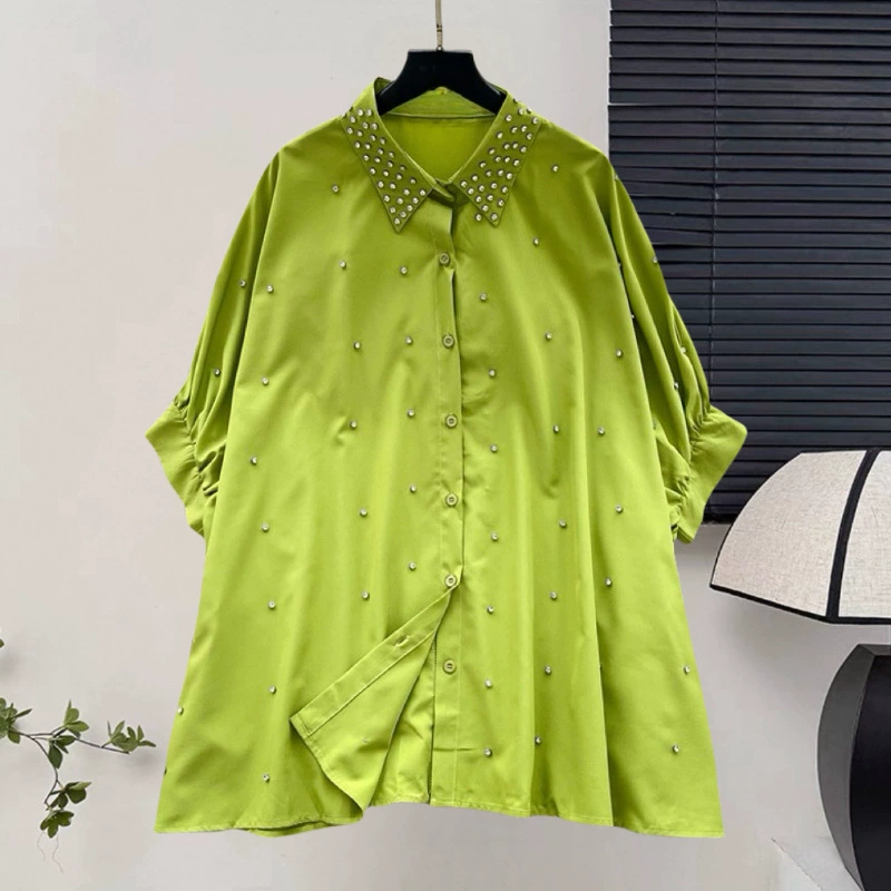Европейская персонализированная рубашка с коротким передом и длинной спиной, свободная рубашка с рукавами «летучая мышь» и лацканами, однотонная, с бисером, в европейском стиле