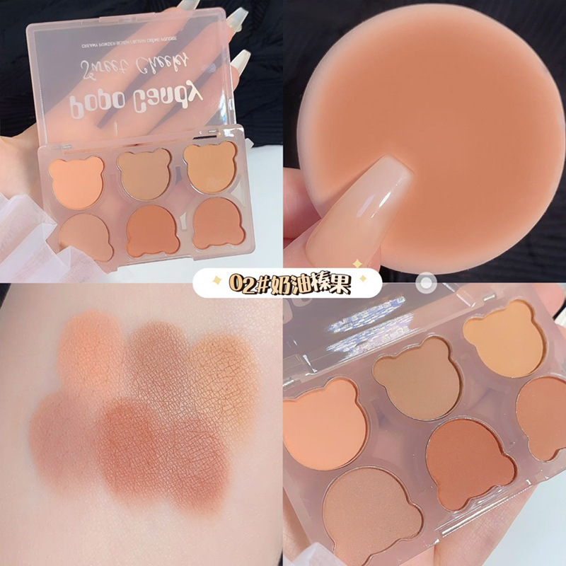 POPO CANDY Six-color Bear Blush Palette, Blush, Highlight, Shadow, Contouring all-in-one Palette, Facial makeup Tiktok Specification drawing