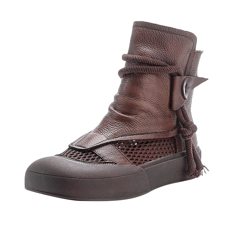 Boot Martin lưới mùa hè da bò thật cổ cao ôm bắp chân — Màu nâu