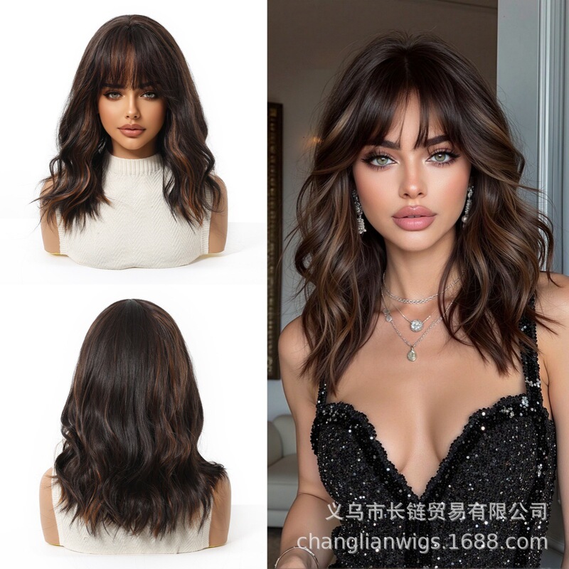 European and American Style Wigs with Brown Highlights, Short Bob Hair with Bangs, High-Temperature Synthetic Short Curly Hair for Women European and American Style Wigs with Brown Highlights, Short Bob Hair with Bangs, High-Temperature Synthetic Short Curly Hair for Women