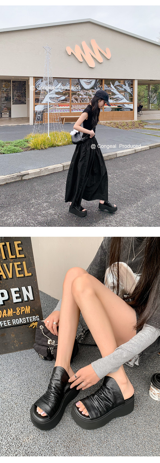 Dép sandal nữ hở mũi đế dày xếp li phong cách La Mã — đen, trắng chi tiết 15