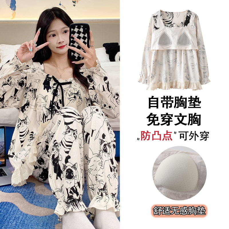 봄 및 가을 구름 가슴 패드와 여성 잠옷 면 긴 소매 새 학생 코트 스타일 겉옷 홈 의류 세트