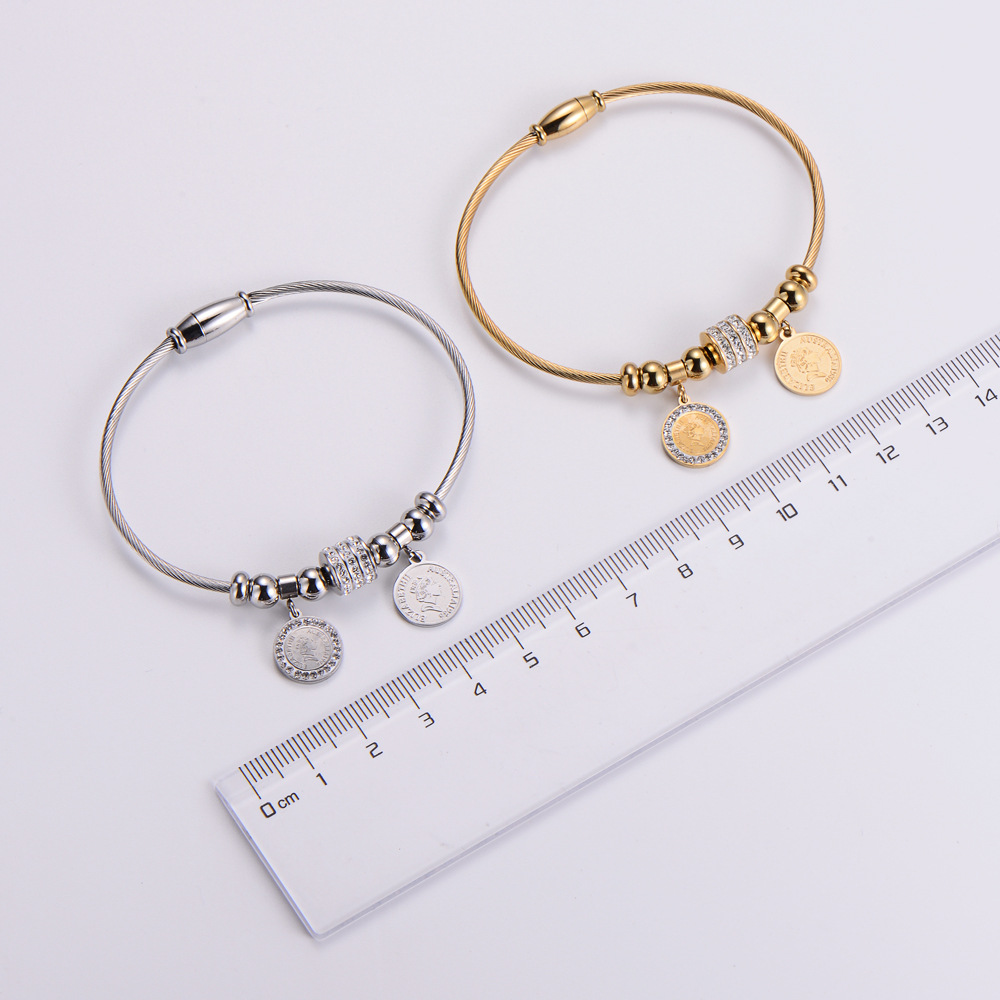Womenu0027S Fashion Round Coin Titanium Steel Rhinestone Bangle Diamond Stainless Steel Bracelets