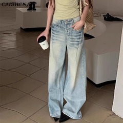 アメリカンハイストリートストレートジーンズ女性用2025新スタイルライトブルーデザインスリムハイウエストルーズワイドレッグパンツ