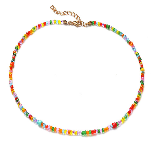New European and American trendy choke-style fashion bohemian short necklaces—handmade beaded colorful rice-bead necklaces