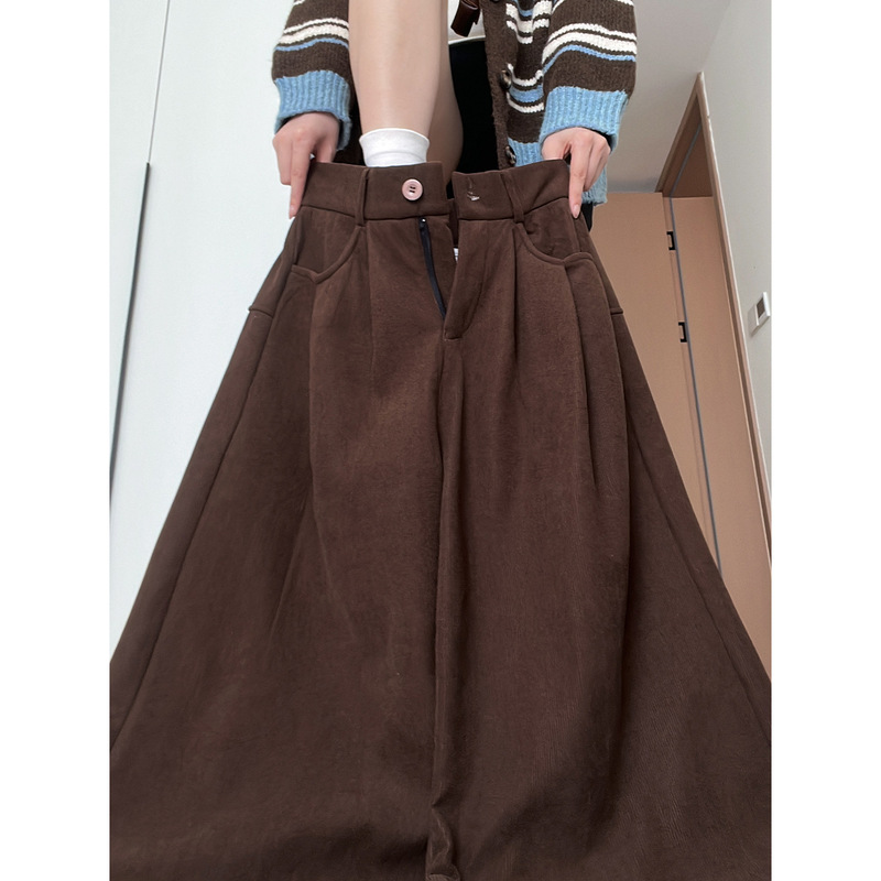 Brown High-Waisted Corduroy Suit Pants for Women Autumn and Winter 2025 New Style Fleece-Lined Lazy Style Knitted Casual Wide-Leg Pants