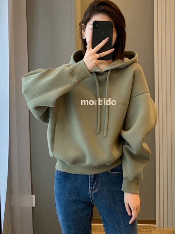 Brand Discount Women's Clothing Counter European Popular Hooded Sweatshirt Petite Autumn and Winter Fleece Thick Versatile Top