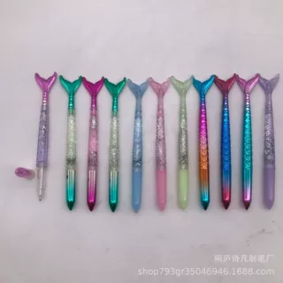厂家生产美人鱼创意减压学生笔。可UV镀.透明流沙金片创意笔