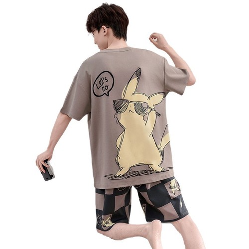 Men's Cotton Short-Sleeve Summer Thin Cartoon Student Summer Plus-Size Teenager 100% Cotton Homecoming Suit Set