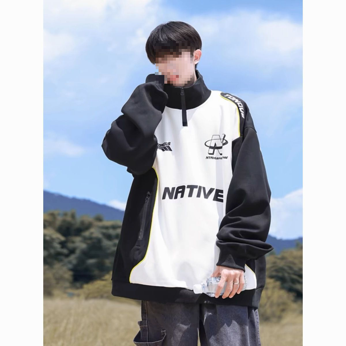 美式hiphop卫衣男秋季新款潮牌大码半拉链长袖上衣机车服宽松外套