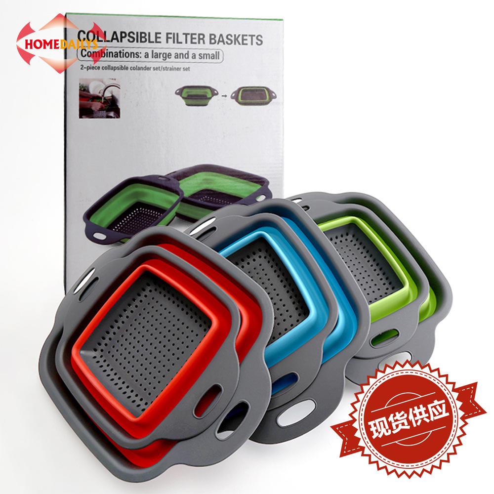 Fábrica al por mayor en stock cuadrado plegable cesta de drenaje plegable filtro de agua azul fruta retráctil Azul 2 piezas conjunto