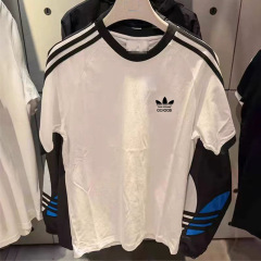 クローバー刺繍クラシック黒と白の 3 ストライプ半袖レディーススポーツ Tシャツメンズラウンドネック半袖 Tシャツトップ夏