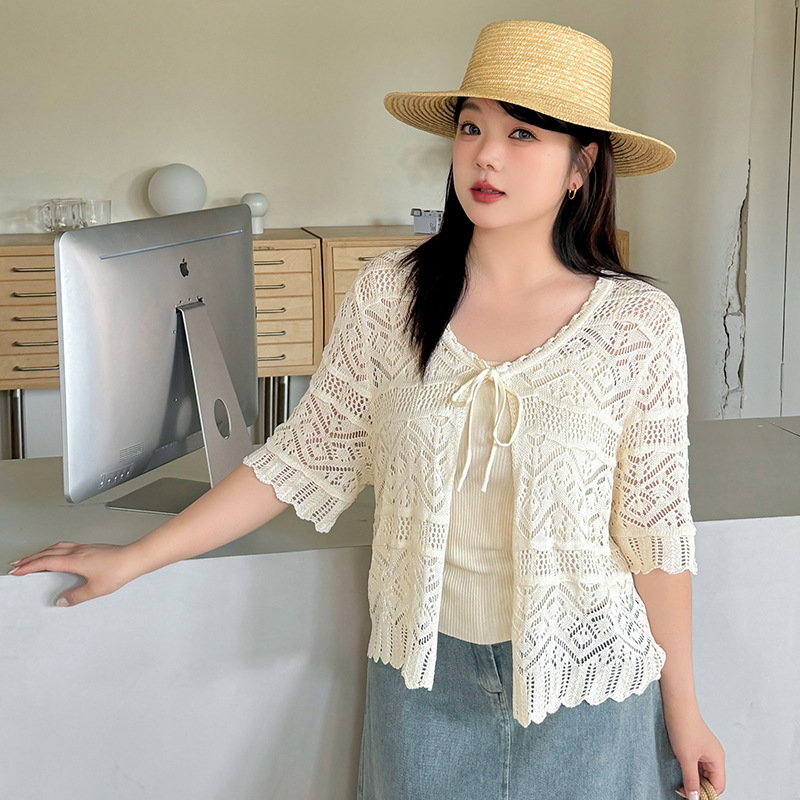 Plus-Size Women's Hollow-Out Knit Cardigan, Summer 2026 New Style, Sun-Protective Cover-Up for Chubby Women, Thin Outerwear Shawl Top