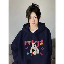 美式复古藏蓝色连帽卫衣女秋冬新款慵懒chic小狗套头减龄上衣外套