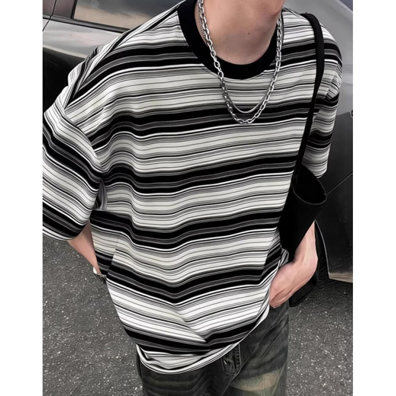Heavyweight American retro striped short-sleeved T-shirt for men, summer loose oversized trendy casual top