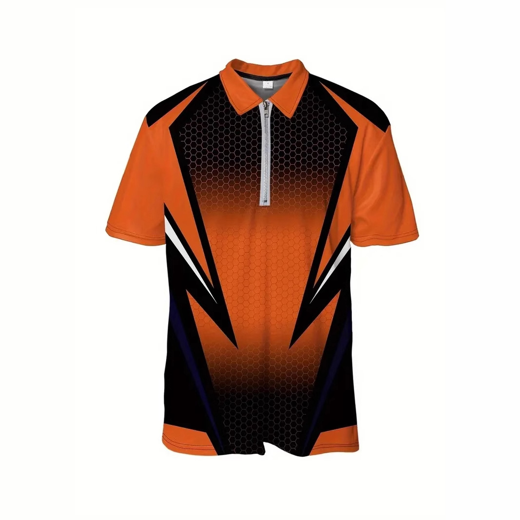 Camisa POLO con cremallera de manga corta transpirable con solapa suelta para hombre con estampado 3D de patrón geométrico degradado para hombre de negocios