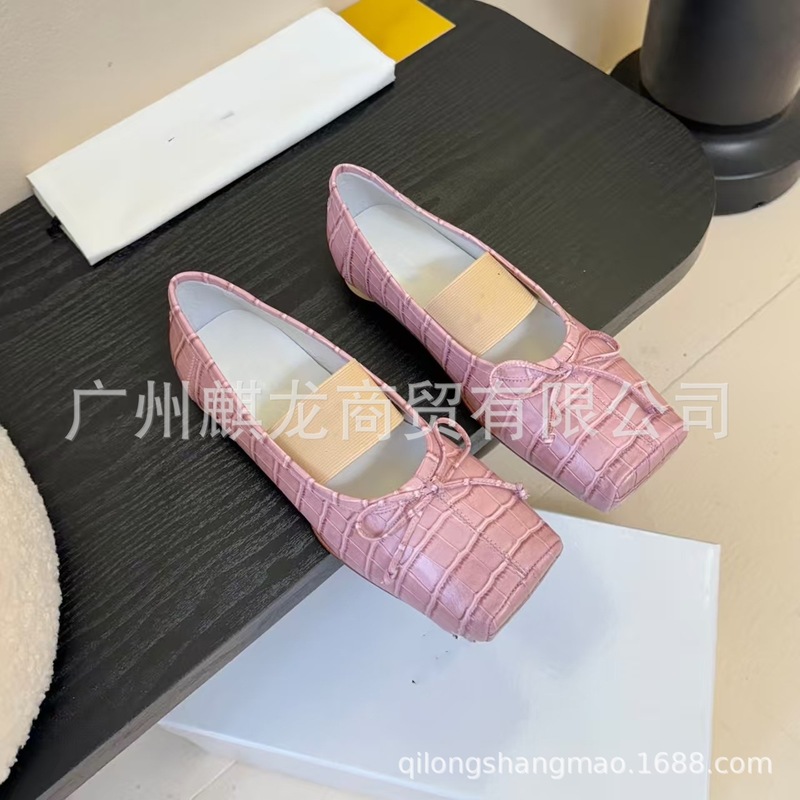 高端2025新款真皮方头复古蝴蝶结松紧弹力一字带平底芭蕾舞鞋单鞋|undefined